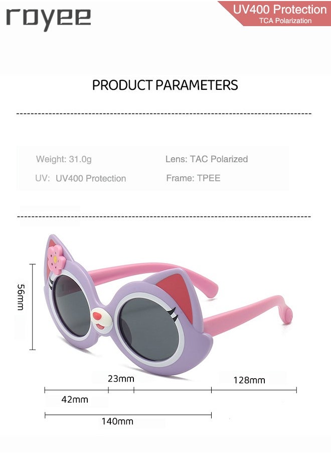 Royee - 2 Pack Cartoon Cat sunglasses for Kids , Polarized Foldable Sunglasses, UV400 Protection Sunglasses for Age 2-4 6-8 10-12 Boys Girls Boys and Girls，TPEE Frame - Pink and Purple - Image 1