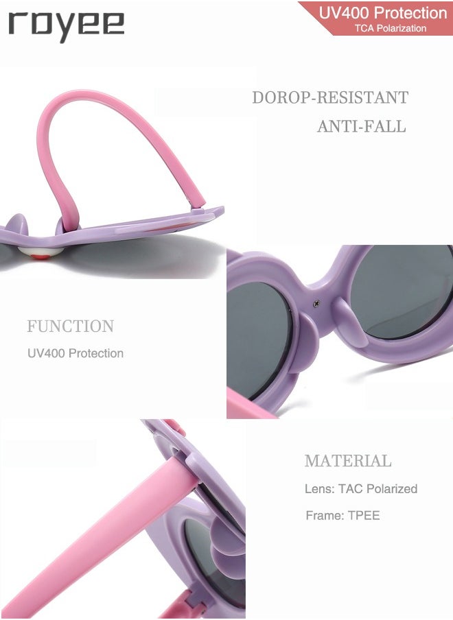 Royee - 2 Pack Cartoon Cat sunglasses for Kids , Polarized Foldable Sunglasses, UV400 Protection Sunglasses for Age 2-4 6-8 10-12 Boys Girls Boys and Girls，TPEE Frame - Pink and Purple - Image 1