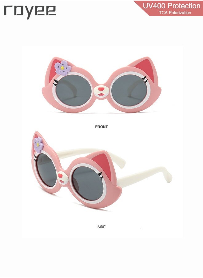 Royee - 2 Pack Cartoon Cat sunglasses for Kids , Polarized Foldable Sunglasses, UV400 Protection Sunglasses for Age 2-4 6-8 10-12 Boys Girls Boys and Girls，TPEE Frame - Pink and Purple - Image 1