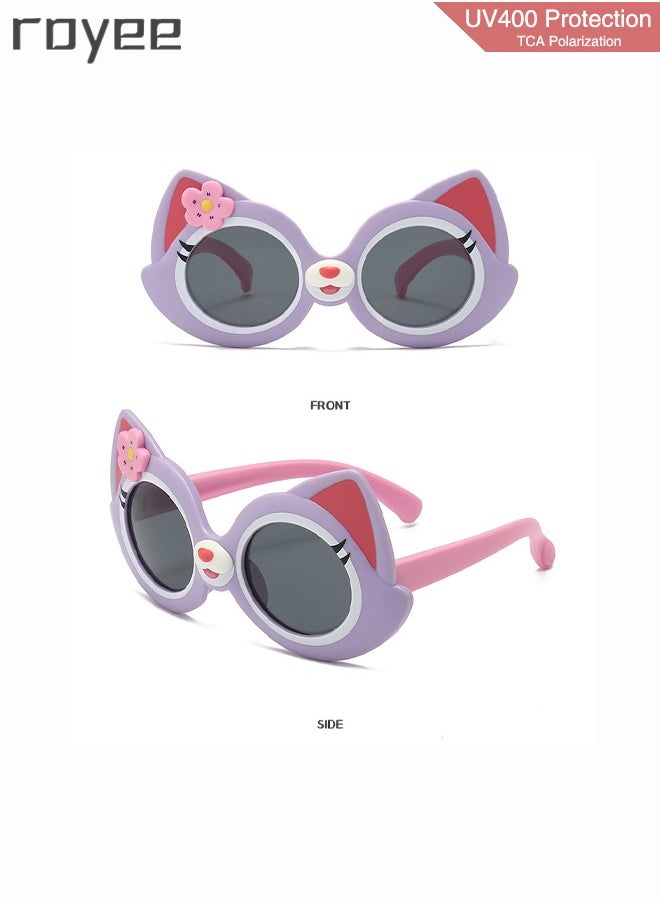 Royee - 2 Pack Cartoon Cat sunglasses for Kids , Polarized Foldable Sunglasses, UV400 Protection Sunglasses for Age 2-4 6-8 10-12 Boys Girls Boys and Girls，TPEE Frame - Pink and Purple - Image 1
