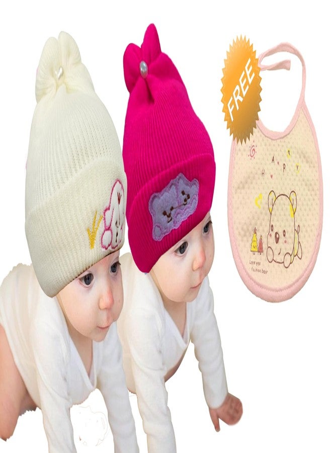 COOL INDIANS Stylish Combo Baby Winter Cap & Baby Bibs | New Born Baby Kid's Cap | Cotton Baby Bibs/Baby Apron with Titch Button I Woolen Cap for Kid's Boy's & Girl's (0-3 Months, DPINK Beige) - Image 2