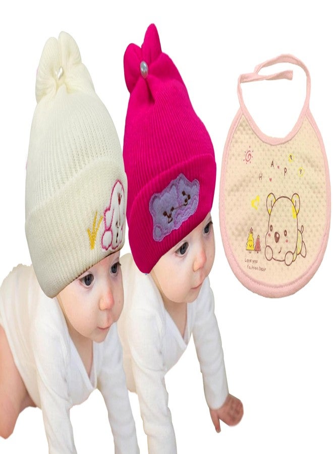 COOL INDIANS Stylish Combo Baby Winter Cap & Baby Bibs | New Born Baby Kid's Cap | Cotton Baby Bibs/Baby Apron with Titch Button I Woolen Cap for Kid's Boy's & Girl's (0-3 Months, DPINK Beige) - Image 1
