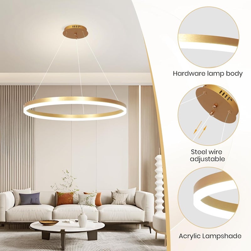 YATAI LIGHTING Golden Round LED Chandelier, 68W Single Circle 120cm Adjustable Height & Light, 3000K–6000K Three-Color Dimming with Remote Control, Modern Aluminum & Acrylic Ceiling Light for Foyer, Living & Staircase - Image 4