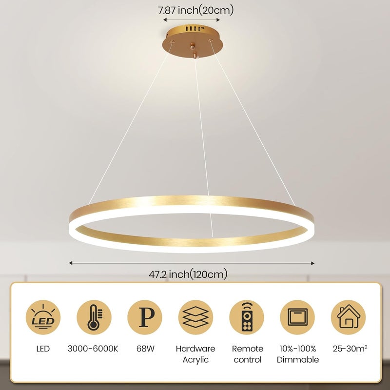 YATAI LIGHTING Golden Round LED Chandelier, 68W Single Circle 120cm Adjustable Height & Light, 3000K–6000K Three-Color Dimming with Remote Control, Modern Aluminum & Acrylic Ceiling Light for Foyer, Living & Staircase - Image 3