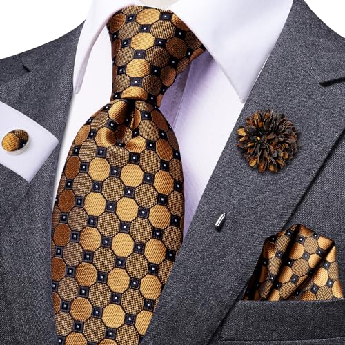 Dubulle Mens Black Gold Tie and Lapel Pin Paisley Striped Floral Necktie for Men Pocket Square Cufflinks Wedding Party - Image 3