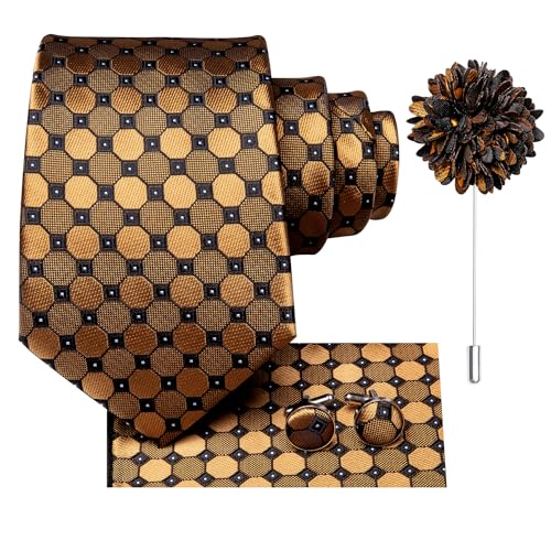 Dubulle Mens Black Gold Tie and Lapel Pin Paisley Striped Floral Necktie for Men Pocket Square Cufflinks Wedding Party - Image 2