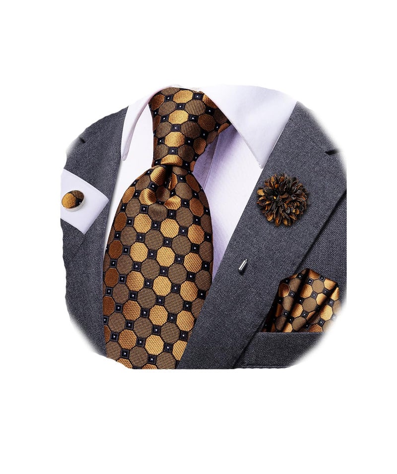 Dubulle Mens Black Gold Tie and Lapel Pin Paisley Striped Floral Necktie for Men Pocket Square Cufflinks Wedding Party - Image 1