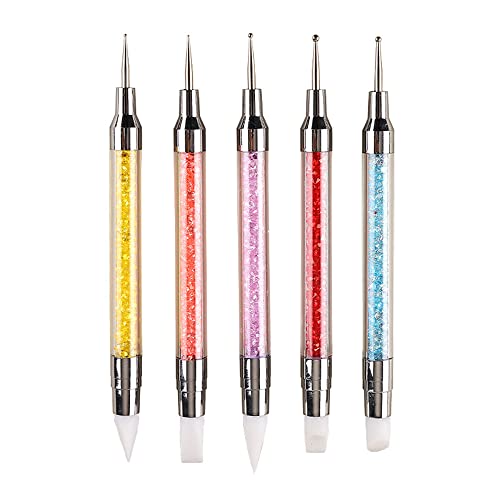 FULINJOY 5PCS Dual-Ended Nail Art Sculpture Pen Dotting Tools, Silicone Nail Polish Brushes Stainless Steel Carving Drawing Dotting Tool, Acrylic Rhinestone Handle, Nail Art Tools - Image 1