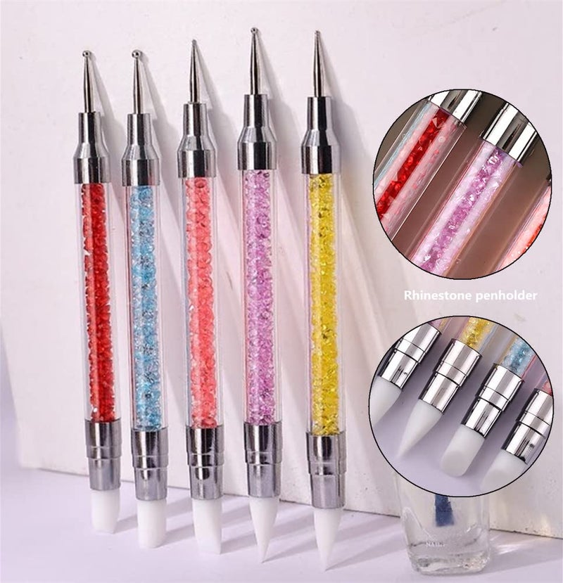 FULINJOY 5PCS Dual-Ended Nail Art Sculpture Pen Dotting Tools, Silicone Nail Polish Brushes Stainless Steel Carving Drawing Dotting Tool, Acrylic Rhinestone Handle, Nail Art Tools - Image 5