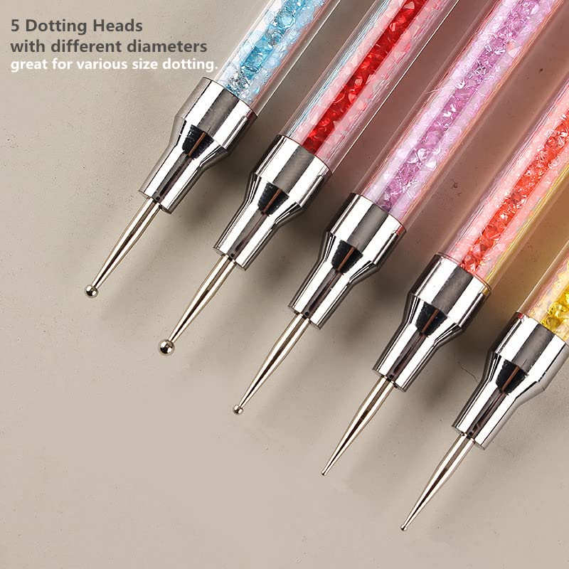FULINJOY 5PCS Dual-Ended Nail Art Sculpture Pen Dotting Tools, Silicone Nail Polish Brushes Stainless Steel Carving Drawing Dotting Tool, Acrylic Rhinestone Handle, Nail Art Tools - Image 3