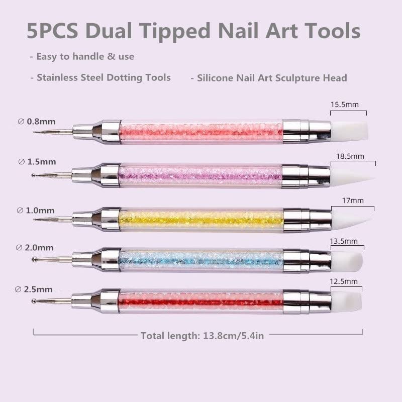 FULINJOY 5PCS Dual-Ended Nail Art Sculpture Pen Dotting Tools, Silicone Nail Polish Brushes Stainless Steel Carving Drawing Dotting Tool, Acrylic Rhinestone Handle, Nail Art Tools - Image 2