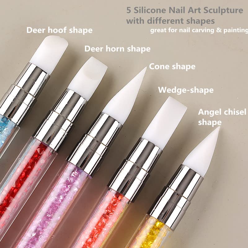 FULINJOY 5PCS Dual-Ended Nail Art Sculpture Pen Dotting Tools, Silicone Nail Polish Brushes Stainless Steel Carving Drawing Dotting Tool, Acrylic Rhinestone Handle, Nail Art Tools - Image 4