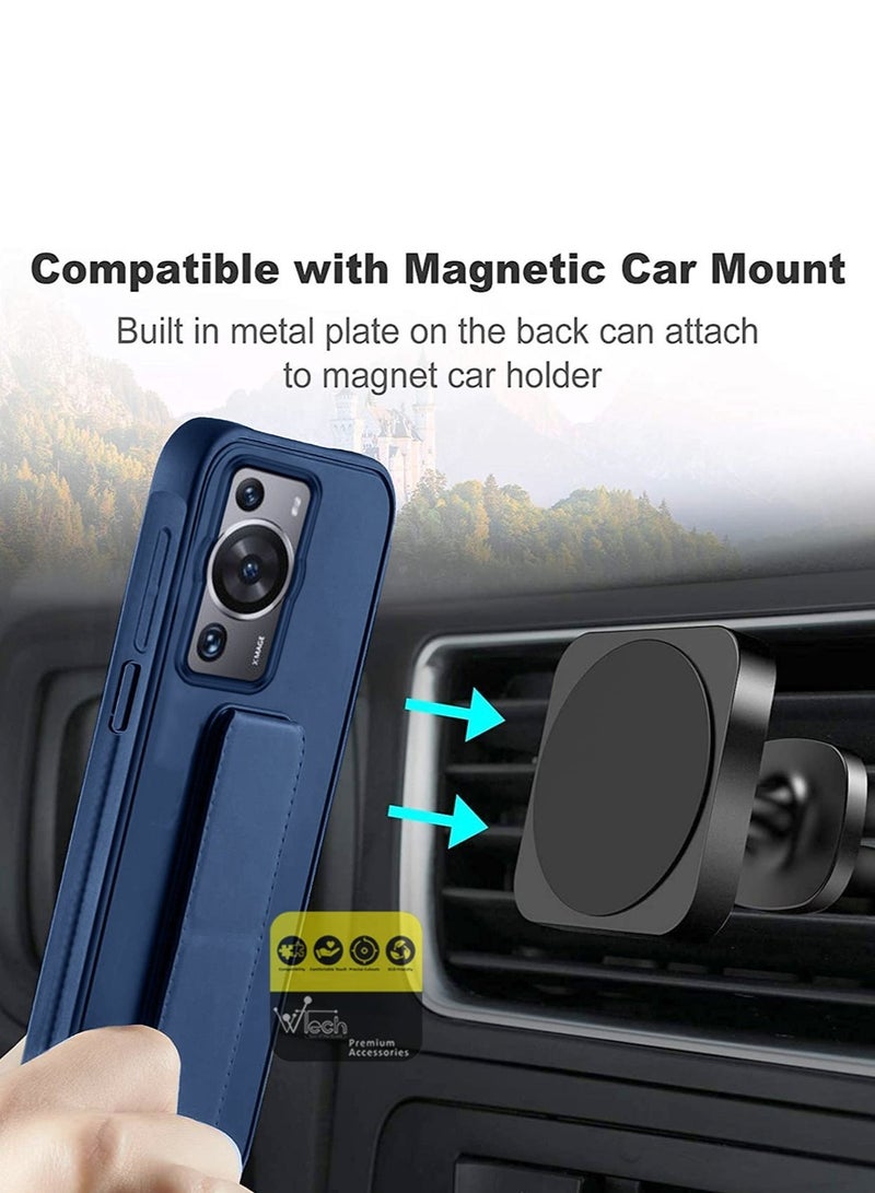 Wtech Hand Grip And Multi Stand Magnetic Car Mount Kickstand Finger Strap Case Cover For Huawei P60 Pro 2023 Navy Blue - Image 3