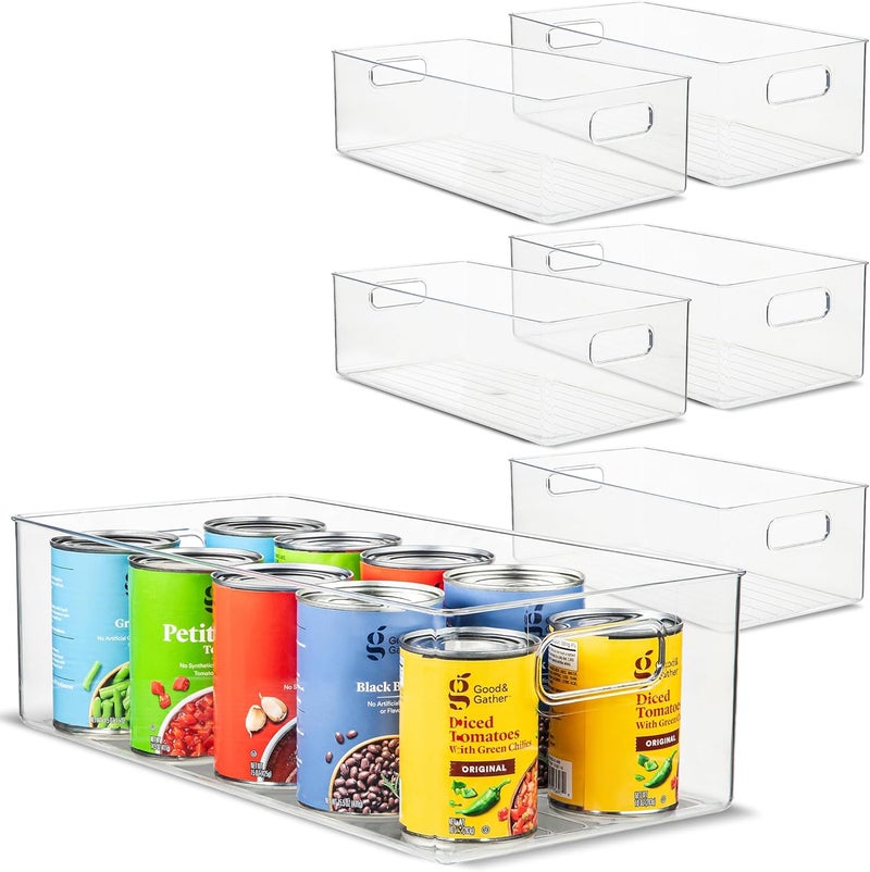 PrimeBox Plastic Food Storage 6 Pack Clear Container Bin with Handles for Organizing Kitchen, Pantry, Refrigerator, Freezer, Pantry, Cabinet, Closet, Bathroom. 16”x8”x5” - Image 1