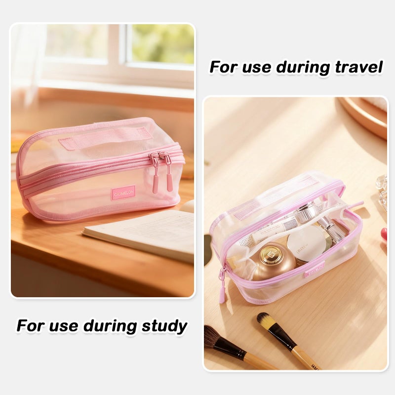 CICIMELON Transparent Mesh Pencil Pouch with Handle Big Case Clear Pen Bag College Essentials School Supplies, Pink - Image 3