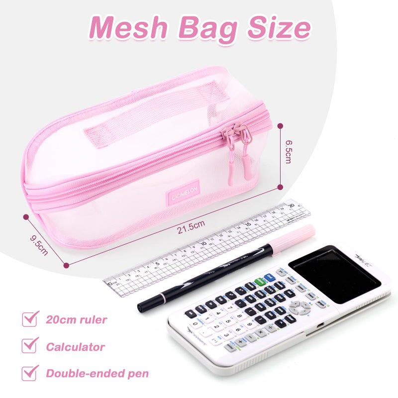 CICIMELON Transparent Mesh Pencil Pouch with Handle Big Case Clear Pen Bag College Essentials School Supplies, Pink - Image 5
