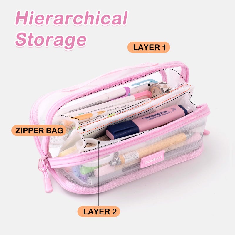 CICIMELON Transparent Mesh Pencil Pouch with Handle Big Case Clear Pen Bag College Essentials School Supplies, Pink - Image 2