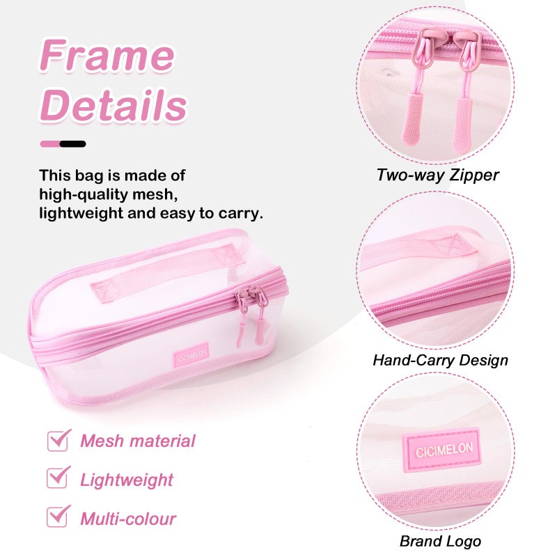 CICIMELON Transparent Mesh Pencil Pouch with Handle Big Case Clear Pen Bag College Essentials School Supplies, Pink - Image 4