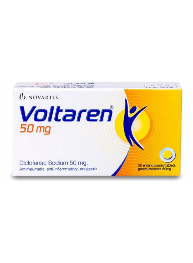 فولتارين 50 مج أقراص مغلفة مع ديكلوفيناك صوديوم، دعم آلام والتهابات المفاصل، أقراص مقاومة للمعدة، 20 قرص