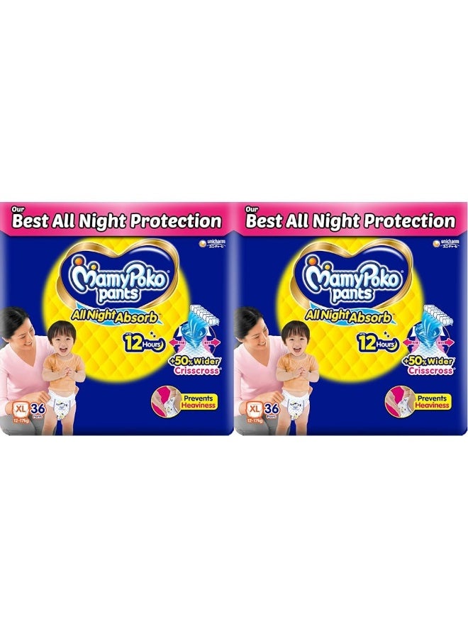 MamyPoko Pants All Night Absorb Baby Diapers, X-Large (XL), 36 Count 12-17 kg (Pack of 2)