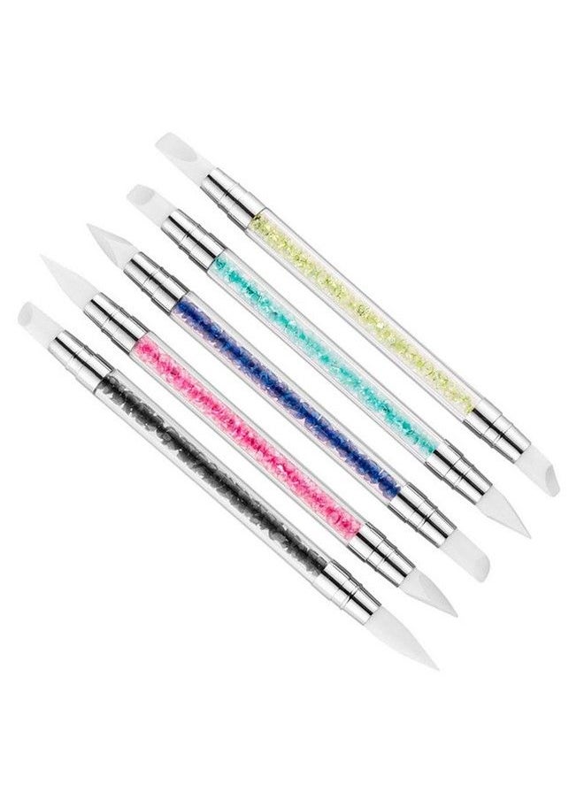 Sindy - 5Pcsset 2 Heads Silicone Nail Art Sculpture Pen For Emboss Carving Craft Polish With 5 Colors Rhinestone Handle Chrome Pigment Nail Art Brush - Image 1