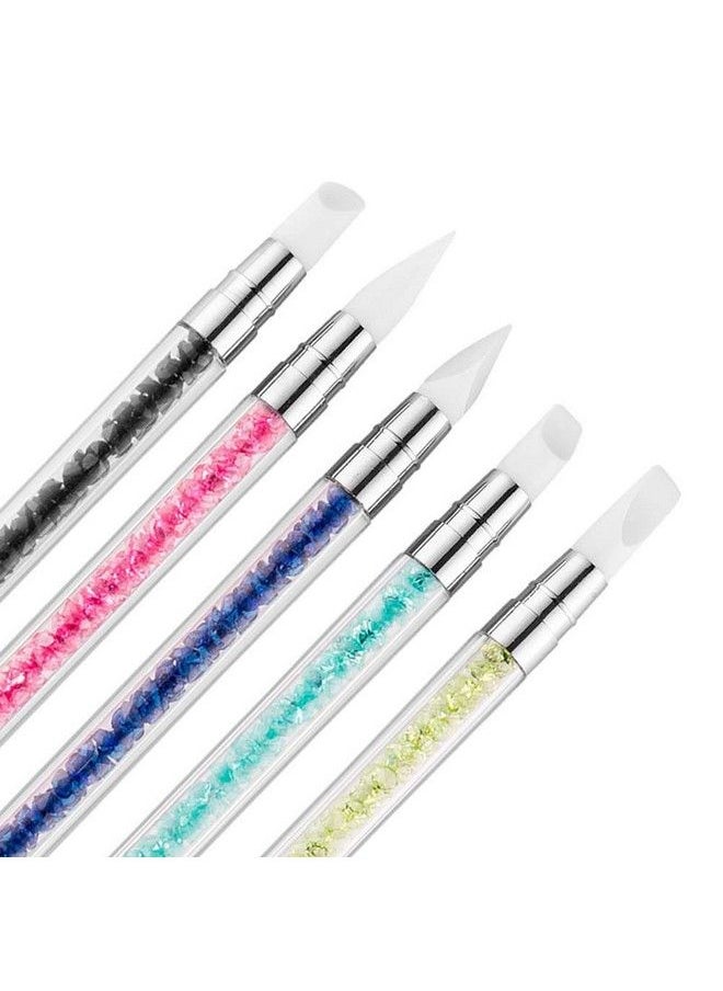 Sindy - 5Pcsset 2 Heads Silicone Nail Art Sculpture Pen For Emboss Carving Craft Polish With 5 Colors Rhinestone Handle Chrome Pigment Nail Art Brush - Image 1