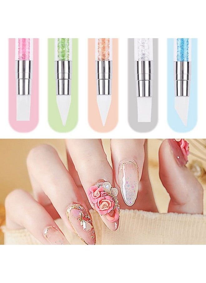 Sindy - 5Pcsset 2 Heads Silicone Nail Art Sculpture Pen For Emboss Carving Craft Polish With 5 Colors Rhinestone Handle Chrome Pigment Nail Art Brush - Image 1
