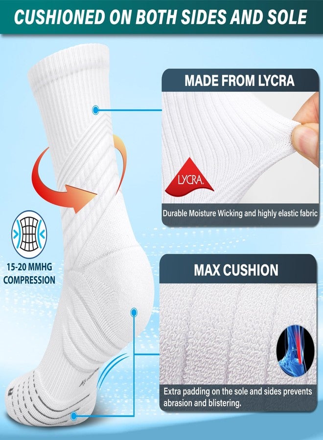 Hylaea Compression Running Socks for Men, Coolmax Anti-Blister Cushion Crew Socks for Athletic Basketball Tennis, Moisture Wicking & Seamless, Elite White Large - Image 2