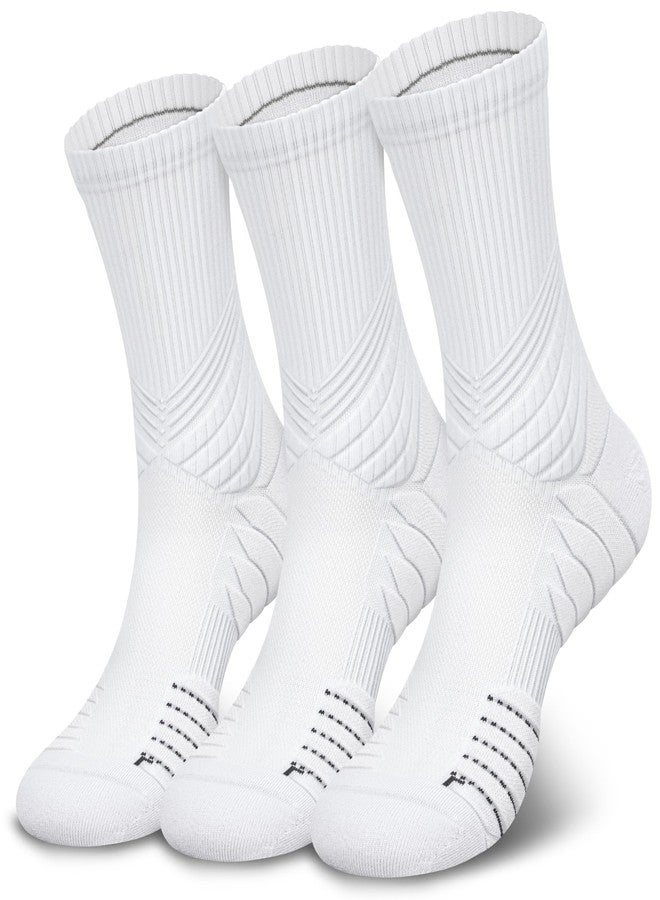 Hylaea Compression Running Socks for Men, Coolmax Anti-Blister Cushion Crew Socks for Athletic Basketball Tennis, Moisture Wicking & Seamless, Elite White Large - Image 1