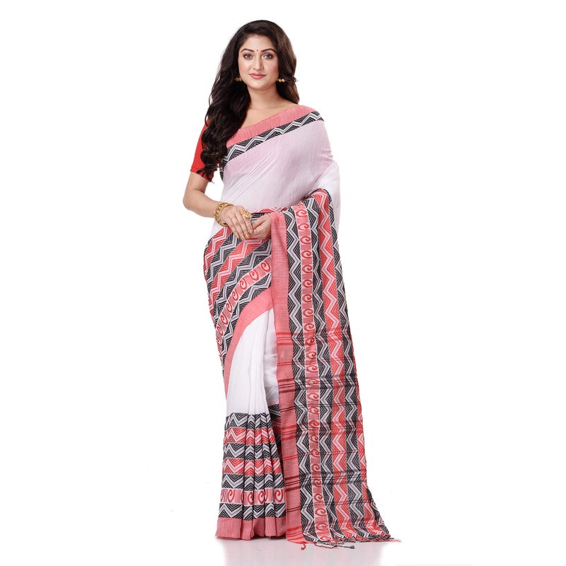dB DESH BIDESH Womens Traditional Bengali Chakra Begampuri Pure Handloom Cotton Saree With Blouse Pcs 63 mTR White