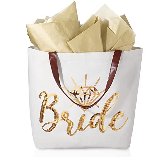 Saintrygo Wedding Shower Wrapping Paper Bride Canvas Tote Bag with 4 Sheets Bridal Shower Wrapping Paper Gifts for Bridal Gift Bag Wedding Party Engagement HoneymoonBride