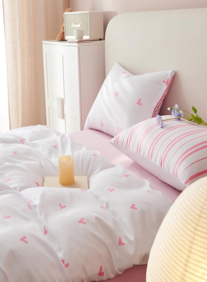 Bildenly Twin Size Duvet Cover White Pink Love Heart Striped Reversible Comforter Cover Soft & Lightweight Microfiber Quilt Cover with Zipper Closure and 1 Pillowcase - Image 3
