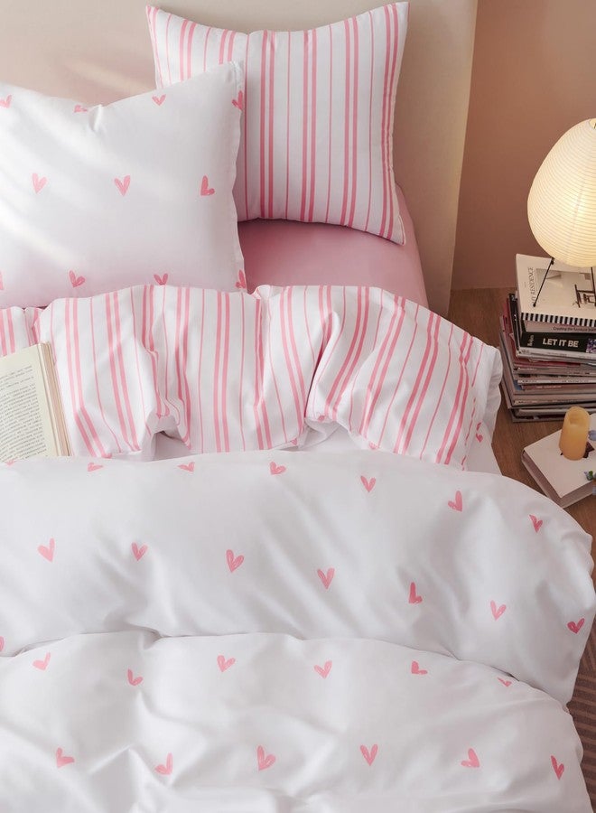 Bildenly Twin Size Duvet Cover White Pink Love Heart Striped Reversible Comforter Cover Soft & Lightweight Microfiber Quilt Cover with Zipper Closure and 1 Pillowcase - Image 4