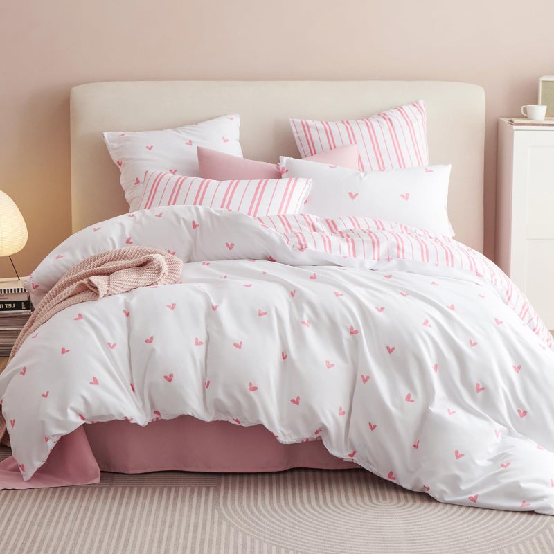 Bildenly Twin Size Duvet Cover White Pink Love Heart Striped Reversible Comforter Cover Soft & Lightweight Microfiber Quilt Cover with Zipper Closure and 1 Pillowcase - Image 1