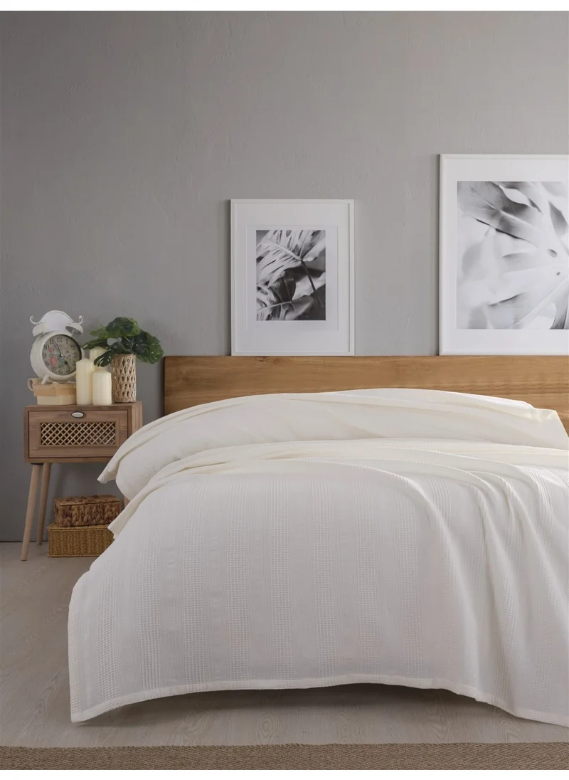 Sevim Double Waffle Blanket 210x230 cm - 100% Cotton - Honeycomb Breathable Fabric - Cream