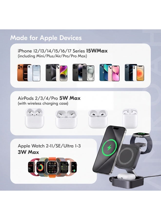 AMROAH 2026 Upgrade 3 in 1 Wireless Charger, 3 in 1 Charging Station for iPhone 12–17, AirPods 2/3/4/Pro & Watch 2–11/SE/Ultra, Foldable MagSafe 3 in 1 Charger, Fast Wireless Charging - Image 4