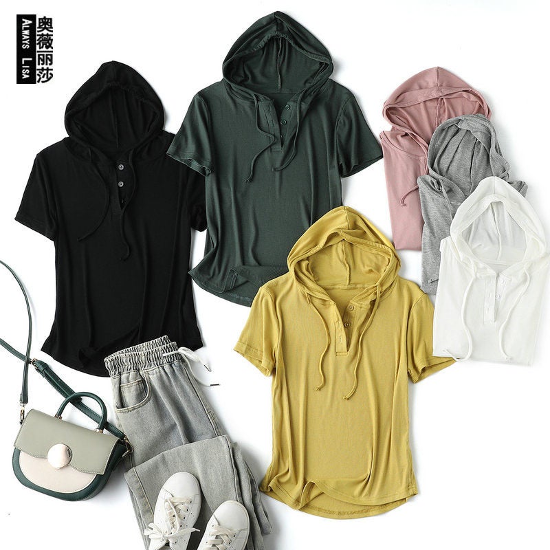 Modal thread short-sleeved hoodie T-shirt womens spring/summer plus size loose bottoming shirt slimming sun protection thin top Dark green - Image 4