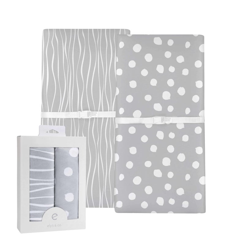 Ely's & Co. Changing Pad Cover Set | Cradle Sheet 2 Pack 100% Jersey Cotton Grey Abstract Stripes and Dots by Ely's & Co - Image 1