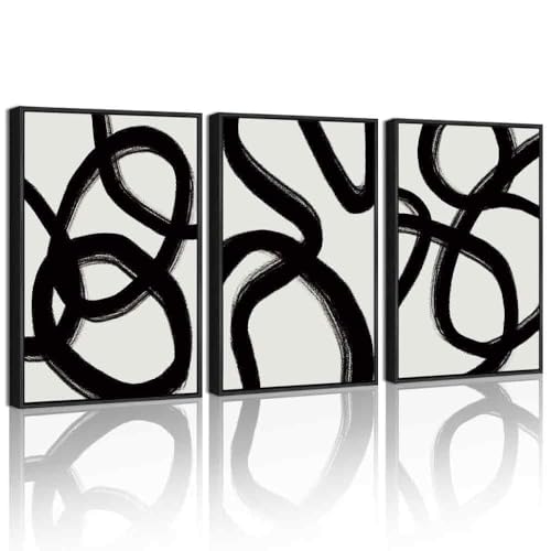 KUVIOKE Black and Grey Abstract Framed Wall Art Ink Wash Minimalist Lines Painting Artwork for Bedroom Hallway 12x16in Black Framed - Image 1
