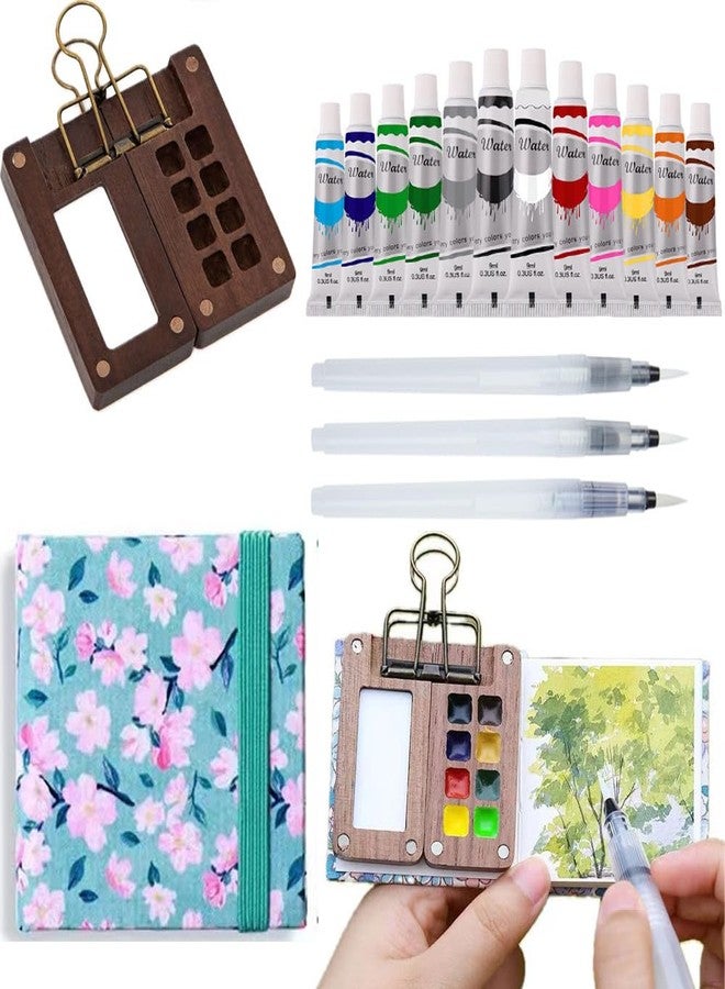 MIXJOY Portable Sketchbook Palette Set 8 Grids Mini Wood Travel Paint Palette Paint Box for Watercolor Gouache Acrylic Painting Come with Watercolor Paper Journal, Watercolor Paints, Brush Pens and a Clip - Image 1