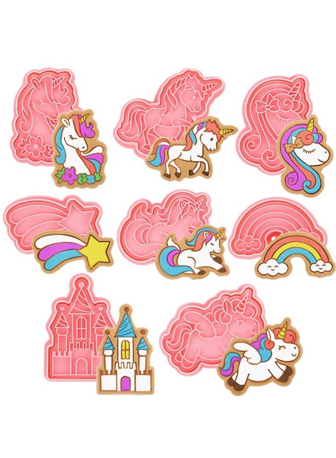 Suclain 8 Pcs Unicorn Cookie Cutters with Plunger Stamps Set Unicorn Shape Embossing Cookie Stamp Pink Animal Unicorn Cracker Mold 3D Cookie Stamped Embossed Kitchen Bakeware Tool for Party Supply - Image 1