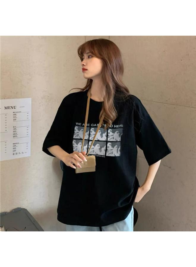 VUELO Printed Summer Korean Style Women's New Round Neck Letter Casual Short Sleeve T-shirt Women's Loose Student Couple Clothes 