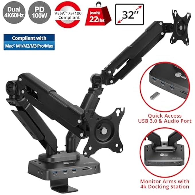 rayihni DUAL MONITOR DESK ARM STAND WITH 4K LAPTOP DOCKING STATION, GAS SPRING, VESA DUAL ARM MONITOR MOUNT, 2X DISPLAYPORT/ HDMI, 100W PD, SUPPORT MACBOOK M1 M2/ HP/ LENOVO & MORE (CE-MTDK01-S1) - Image 2