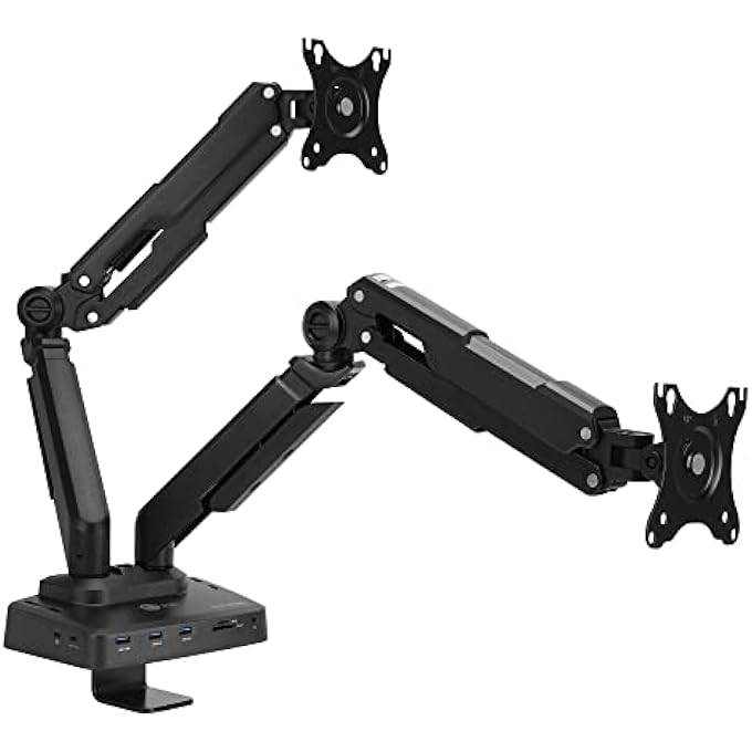 rayihni DUAL MONITOR DESK ARM STAND WITH 4K LAPTOP DOCKING STATION, GAS SPRING, VESA DUAL ARM MONITOR MOUNT, 2X DISPLAYPORT/ HDMI, 100W PD, SUPPORT MACBOOK M1 M2/ HP/ LENOVO & MORE (CE-MTDK01-S1) - Image 1