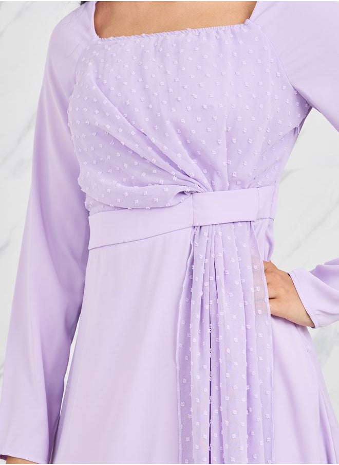 Styli Dobby Detail Square Neck A-Line Midi Dress  - Image 3