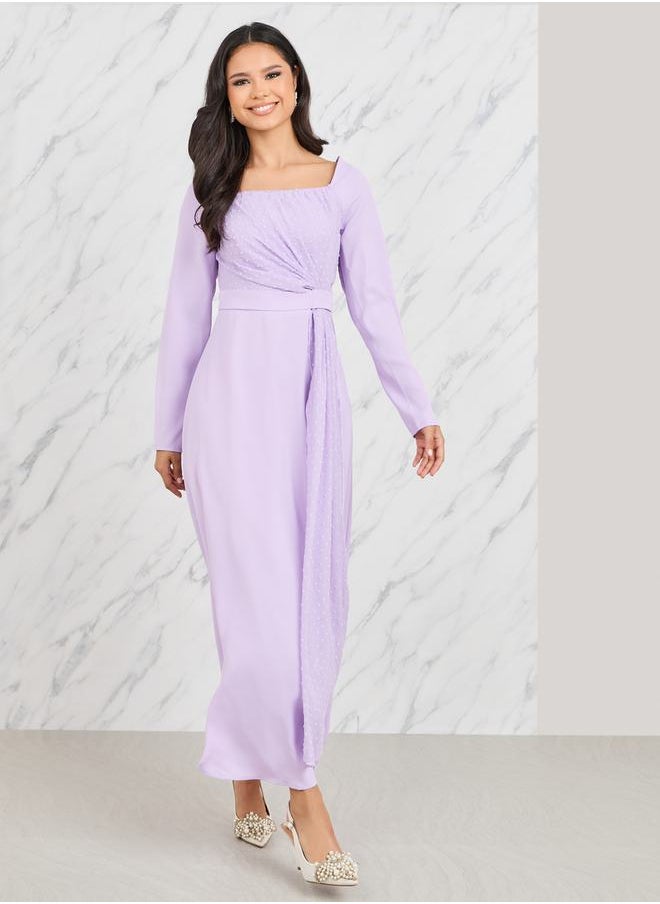 Styli Dobby Detail Square Neck A-Line Midi Dress  - Image 1
