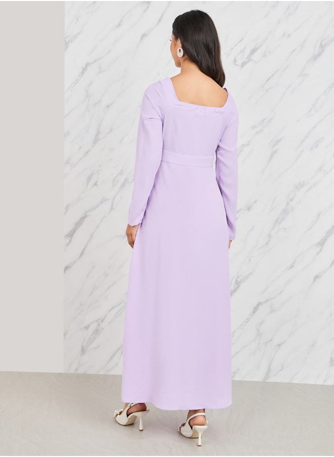 Styli Dobby Detail Square Neck A-Line Midi Dress  - Image 4