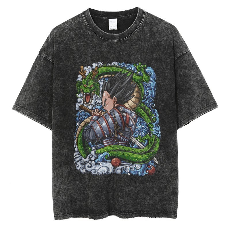 Washed Vintage T-Shirt Street Hip Hop Anime Dragon Ball Cartoon Printed Graphic Casual Cotton Summer Short Sleeve Street Tide - Image 1