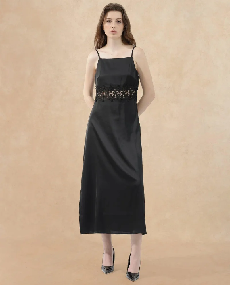 ريريزم Rareism Women Galcia Black Polyester Fabric Sleeveless Zip Closure Shoulder Straps Regular Fit Plain Maxi A-Line Dress