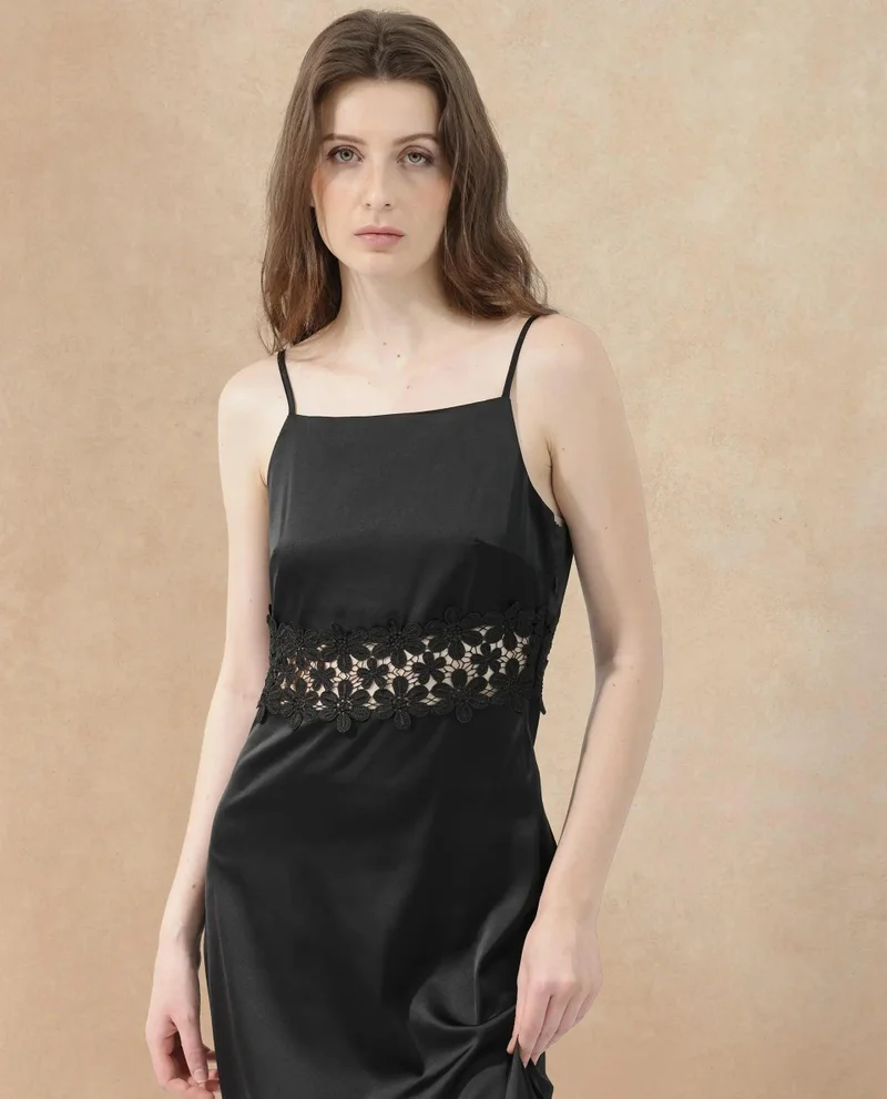 ريريزم Rareism Women Galcia Black Polyester Fabric Sleeveless Zip Closure Shoulder Straps Regular Fit Plain Maxi A-Line Dress